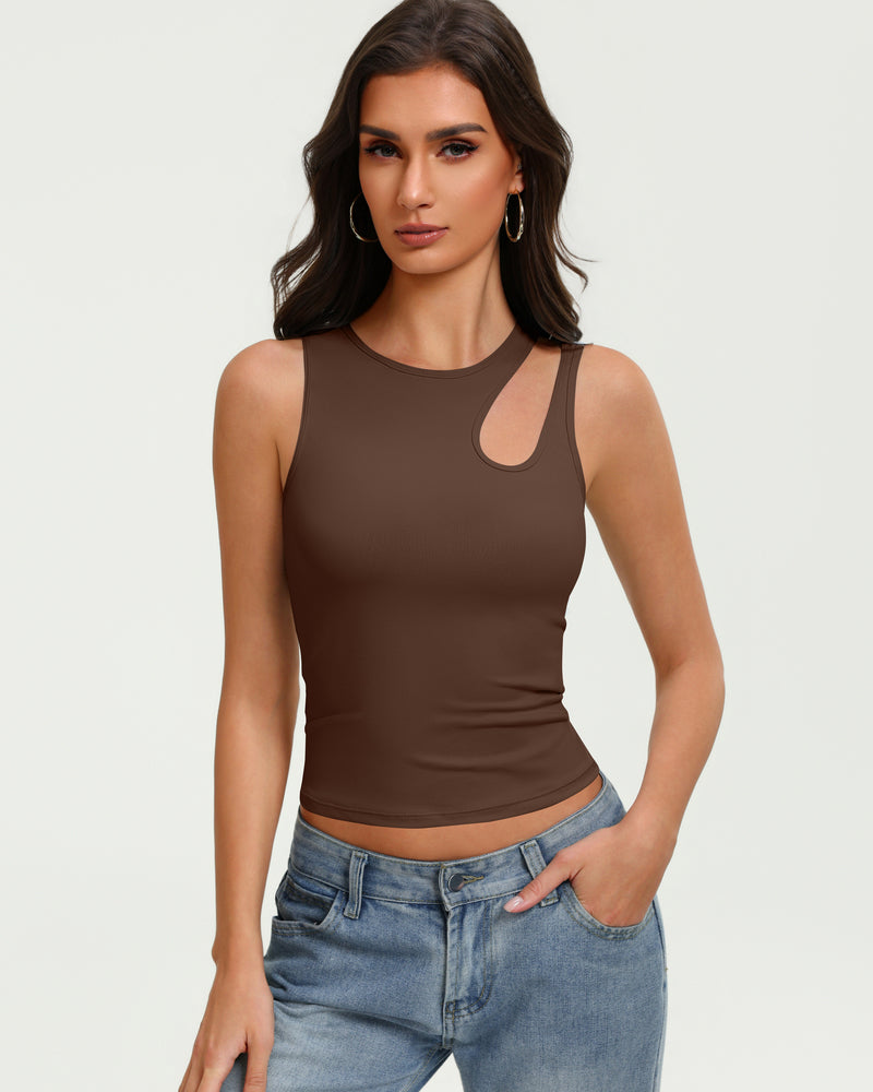 Brown fitted crop tank top with sleeveless cutout at chest and crew neckline