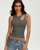 Deep grey fitted crop tank top with oval chest cutout and sleeveless crew neck