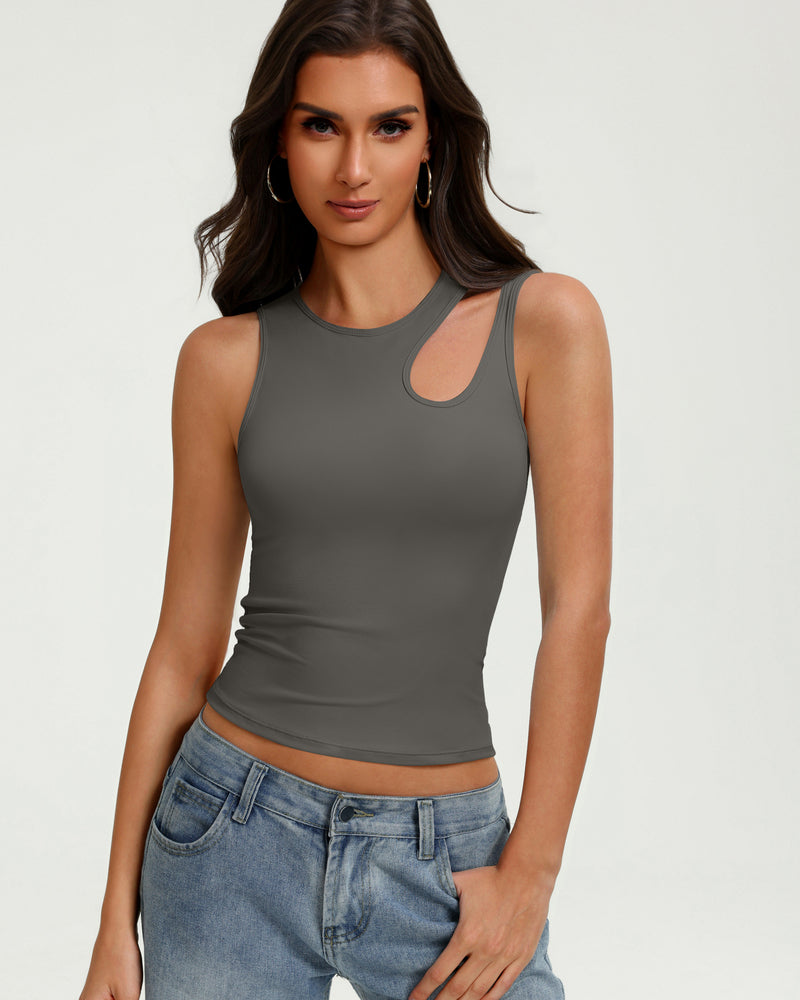 Deep grey fitted crop tank top with oval chest cutout and sleeveless crew neck