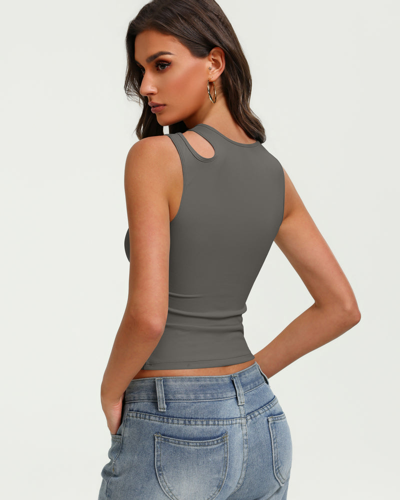 Fitted hollow-out crop tank top in dark gray with round neck and chest cutout