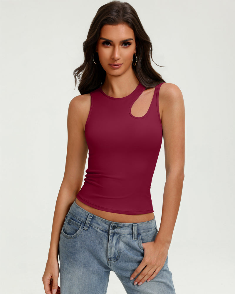 Fitted hollow-out crop tank top in burgundy with round neck and chest cutout