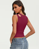 Fitted hollow-out crop tank top with oval cutout back, burgundy