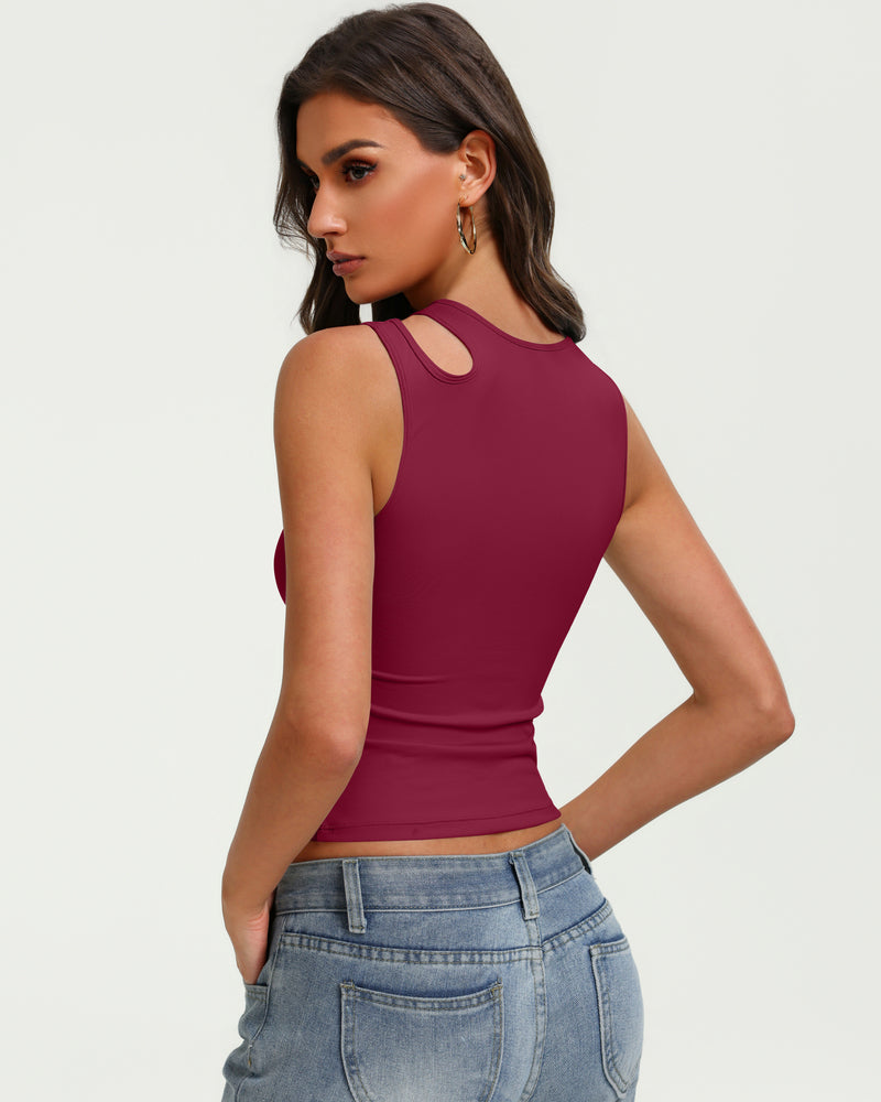 Fitted hollow-out crop tank top with oval cutout back, burgundy