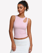 Fitted hollow-out crop tank top in light pink with round neck and chest cutout