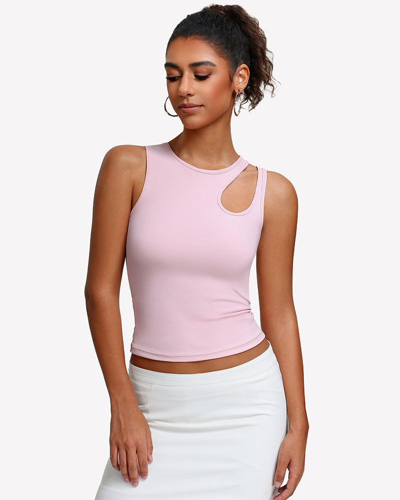 Fitted hollow-out crop tank top in light pink with round neck and chest cutout