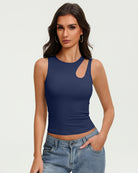 Navy blue fitted crop tank top with oval chest cutout and sleeveless crew neck