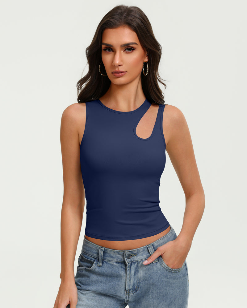 Navy blue fitted crop tank top with oval chest cutout and sleeveless crew neck