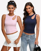 Two fitted hollow-out crop tank tops: light pink and navy, round neck, chest cutout
