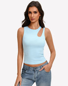 Fitted hollow-out crop tank top in light blue with round neck and chest cutout