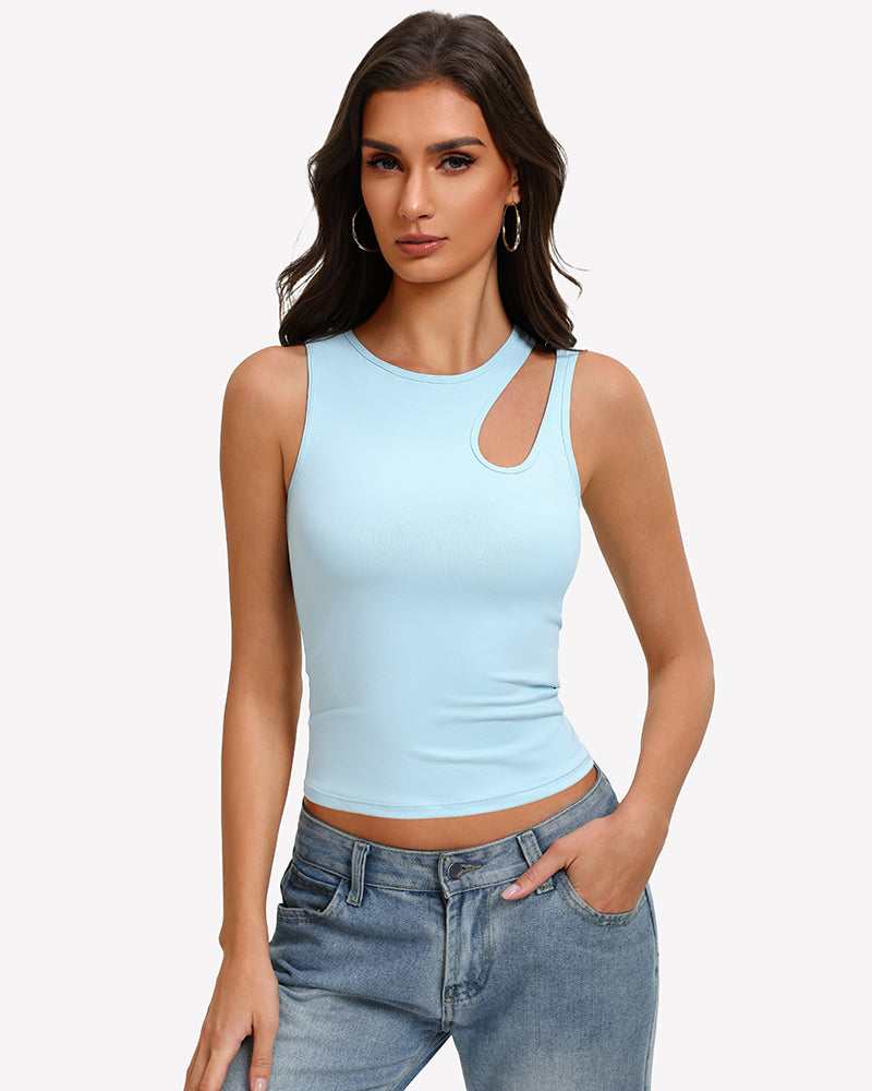 Fitted hollow-out crop tank top in light blue with round neck and chest cutout