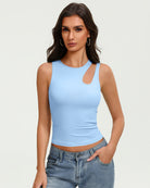 Light blue fitted crop tank top with oval chest cutout and sleeveless crew neck