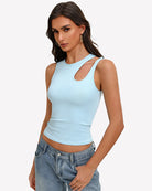 Fitted hollow-out crop tank top in light blue with round neck and chest cutout, angled