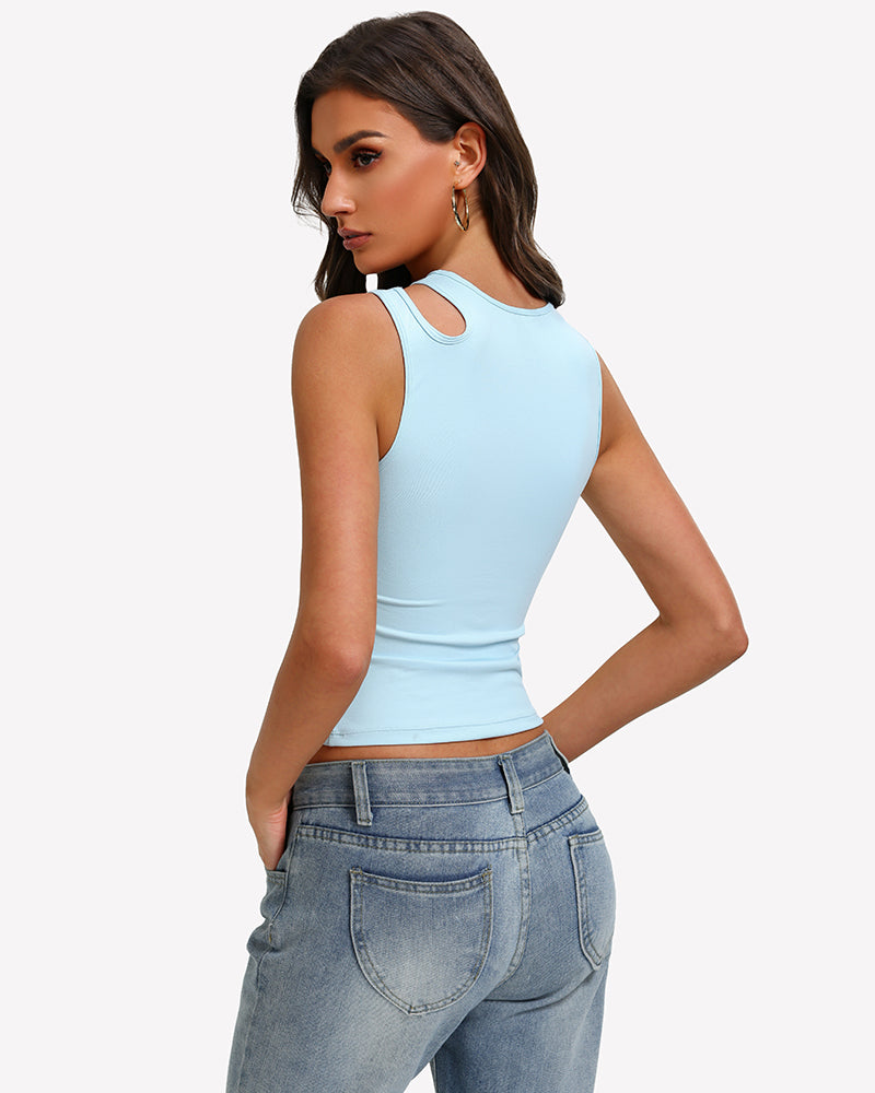 Fitted hollow-out crop tank top in light blue with round neck and chest cutout, side