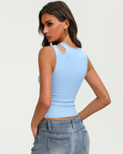 Fitted hollow-out crop tank top with oval cutout back, light blue