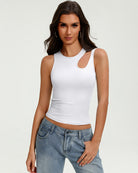 White fitted crop tank top with oval chest cutout and sleeveless crew neckline