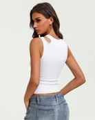 Fitted hollow-out crop tank top with oval cutout back, white