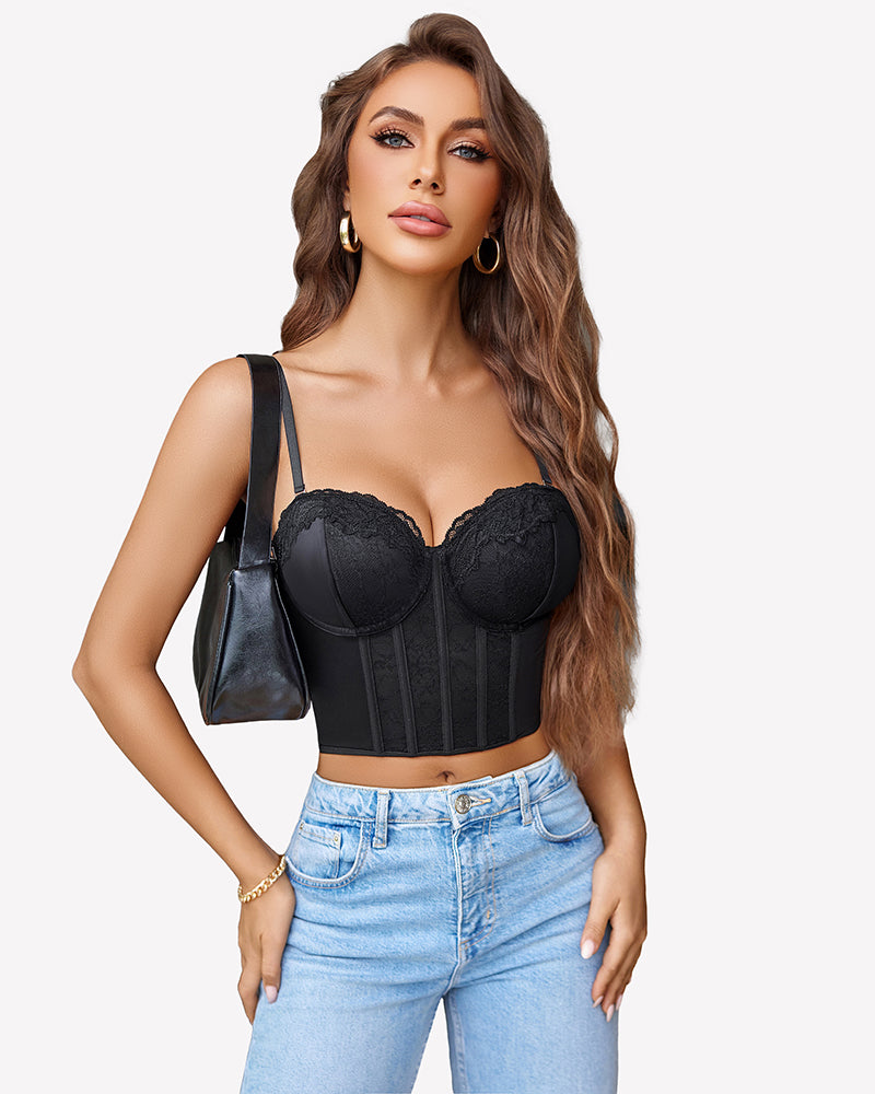 Black lace bustier top with spaghetti straps and V-neck, light-wash jeans. Essential top.