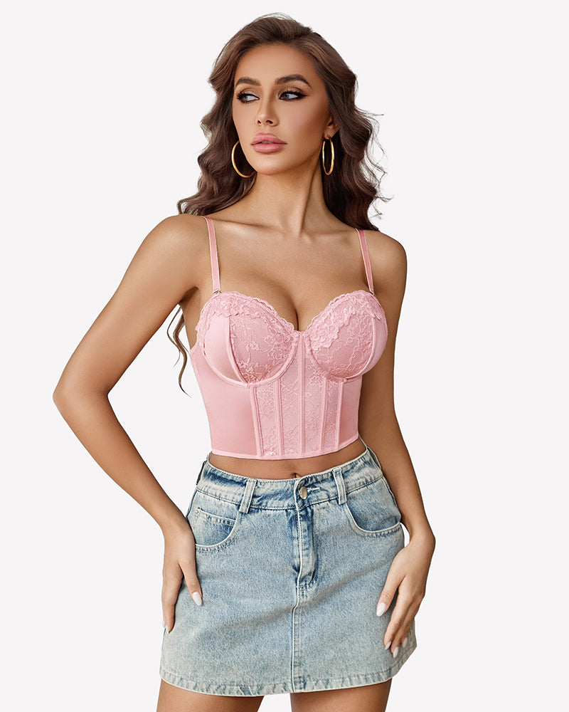 Pink lace bustier top with spaghetti straps and denim skirt. Essential corset top for women.
