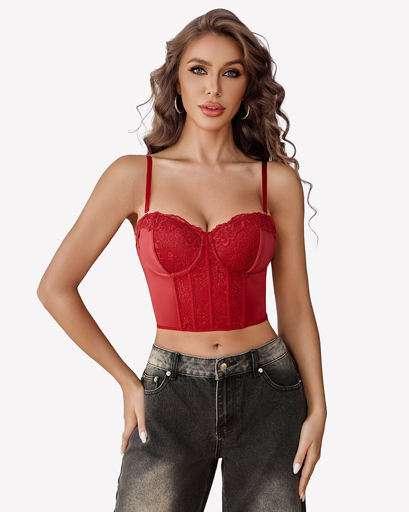 Red lace bustier top with spaghetti straps, dark-wash jeans. Essential corset top.