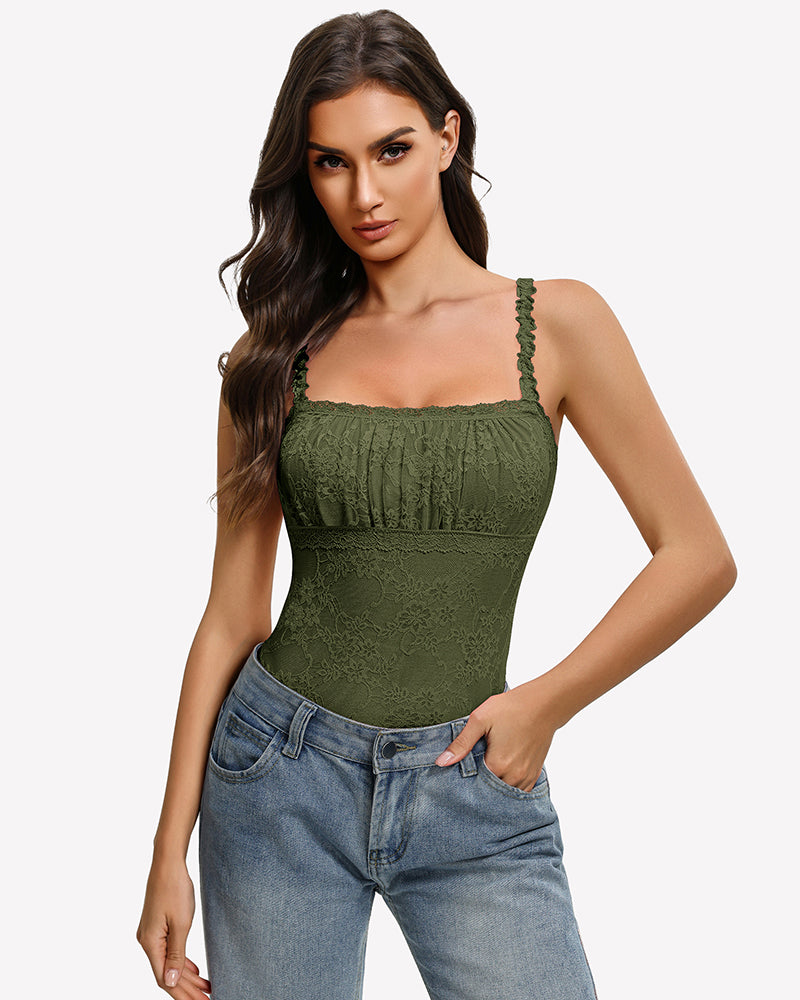 Army green lace thong bodysuit with square neckline and ruffled straps, paired with jeans