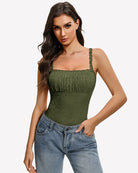 Army green lace thong bodysuit with square neckline and ruffled straps, paired with jeans