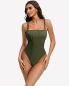 Army green lace thong bodysuit with square neckline and ruffled straps, sleeveless