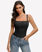 Black lace thong bodysuit with square neckline and ruffled straps, sleeveless