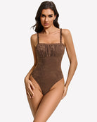 Brown lace thong bodysuit with square neckline and ruffled straps, sleeveless