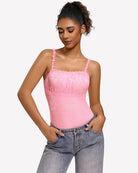 Pink lace thong bodysuit with square neckline and sleeveless ruffle straps