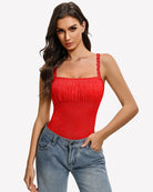 Red lace thong bodysuit with square neckline and ruffle strap cami style