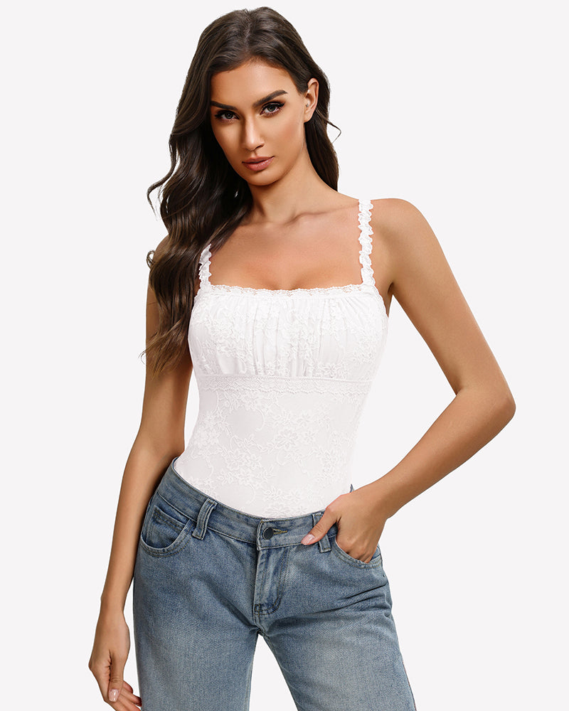 White lace thong bodysuit with square neckline and ruffled straps, sleeveless