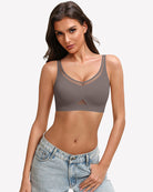 Charcoal grey padded jelly bralette with V-neck mesh trim and center triangle detail.