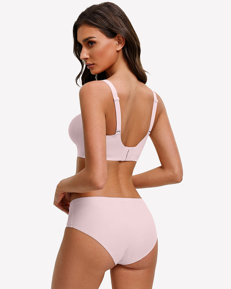 Pink padded jelly bralette with spaghetti straps and open-back mesh panel.