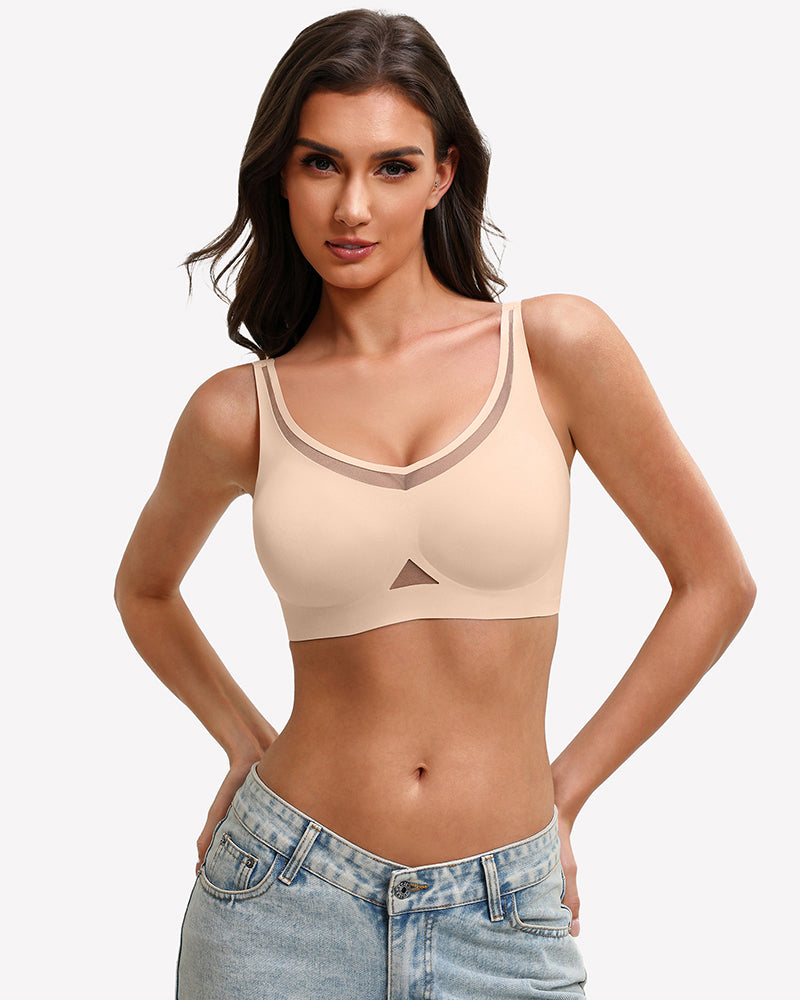 Nude padded jelly bralette with V-neck mesh trim and triangle cutout at center.