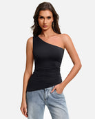 Black one-shoulder ruched tank top with diagonal strap and ruched midsection