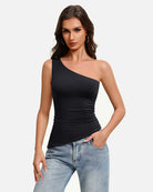 Black one-shoulder ruched tank top with asymmetrical neckline