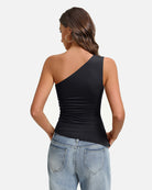 Black one-shoulder ruched tank top, back view with diagonal strap