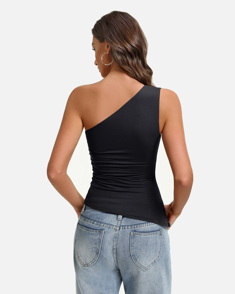 Black one-shoulder ruched tank top, back view with diagonal strap