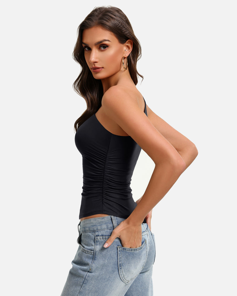 Black one-shoulder ruched tank top in side view with ruched waistline