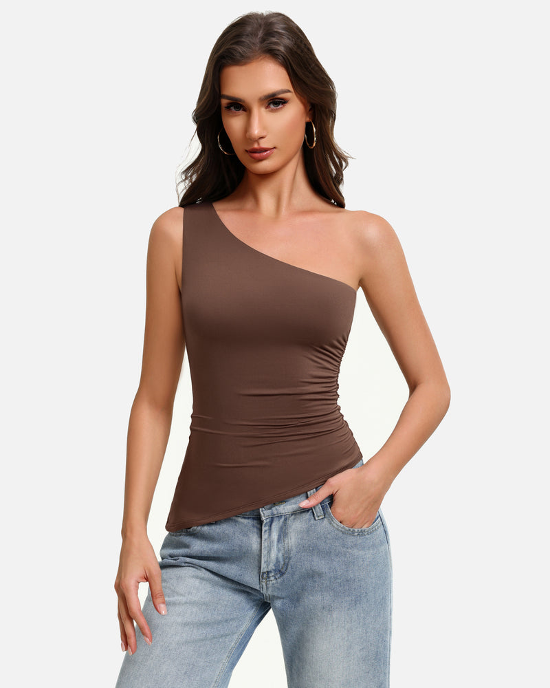 Brown one-shoulder ruched tank top with asymmetrical neckline