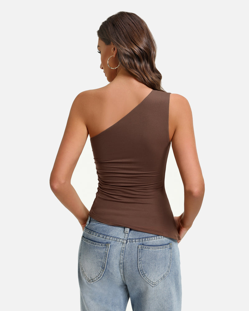 Brown one-shoulder ruched tank top with diagonal neckline and gathered waist