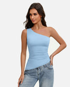Light blue one-shoulder ruched tank top with diagonal asymmetrical neckline