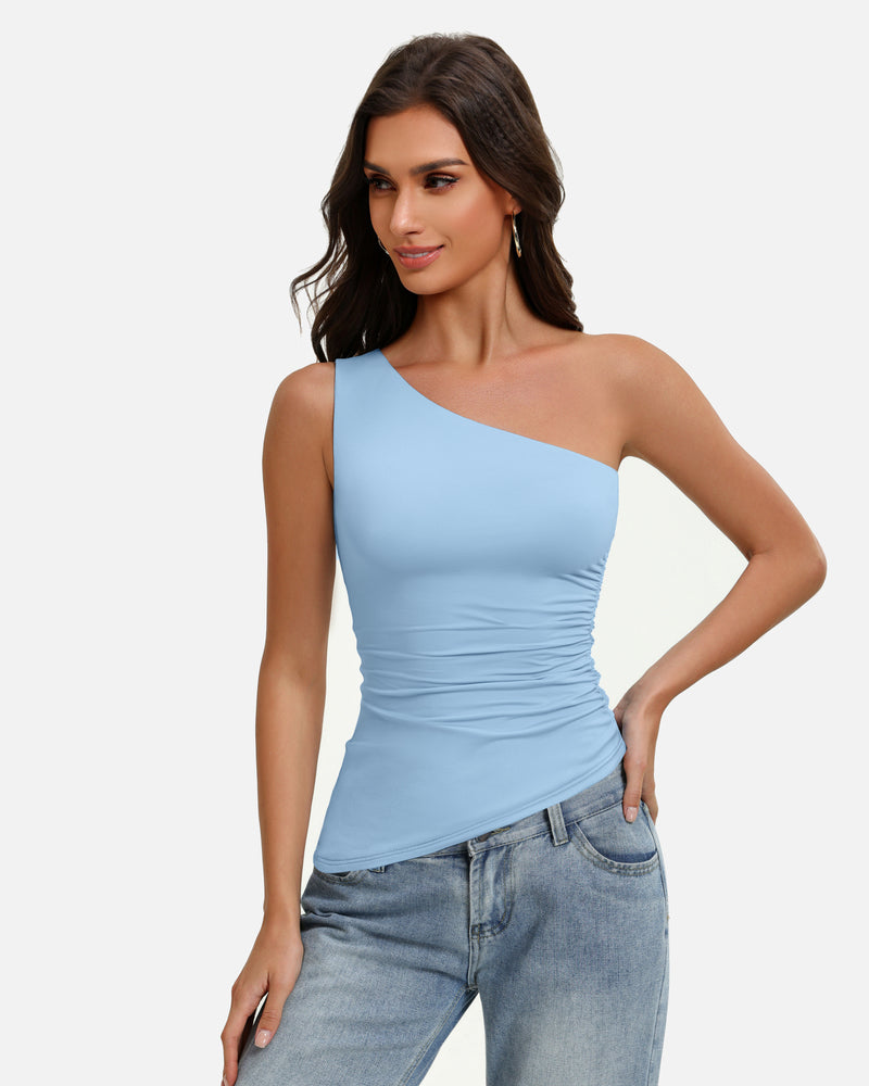 Light blue one-shoulder ruched tank top with diagonal asymmetrical neckline