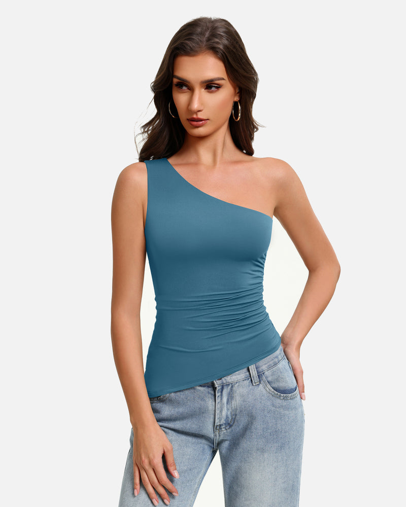 Blue one-shoulder ruched tank top with diagonal asymmetrical neckline