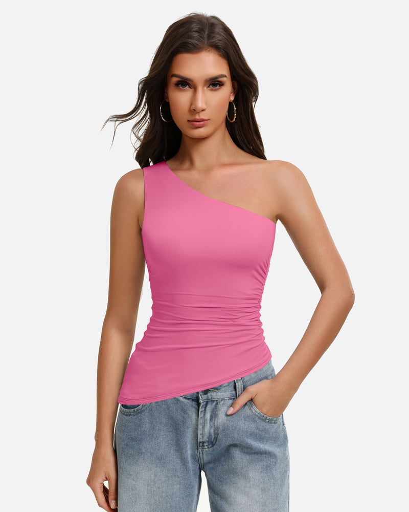 Pink one-shoulder ruched tank top with asymmetrical neckline