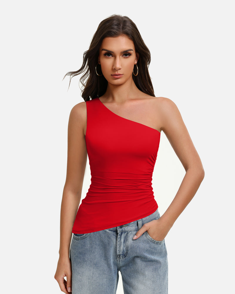 Red one-shoulder ruched tank top with diagonal asymmetrical neckline