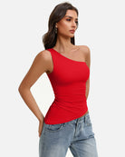 Red one-shoulder ruched tank top with diagonal neckline and gathered waist