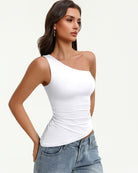 White one-shoulder ruched tank top with diagonal neckline and gathered waist