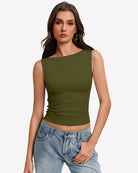 Army green boat-neck sleeveless ruched top, fitted waist