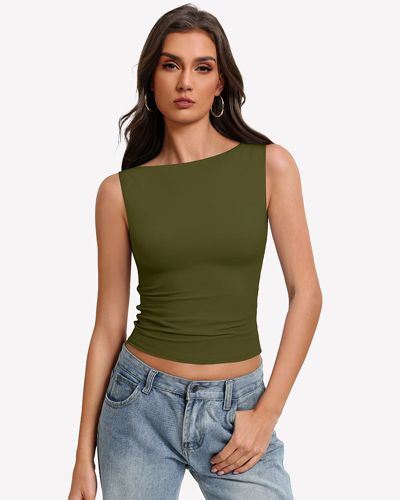 Army green boat-neck sleeveless ruched top, fitted waist